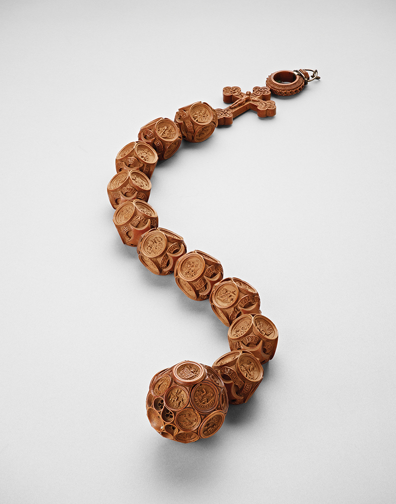 Decade rosary, Trustees of the Chatsworth Settlement. One of two intact surviving boxwood rosaries, this example belonged to Henry VIII and his first wife Catherine of Aragon. After making himself head of the Church of England so that he could divorce Catherine, Henry banned the use of the rosary