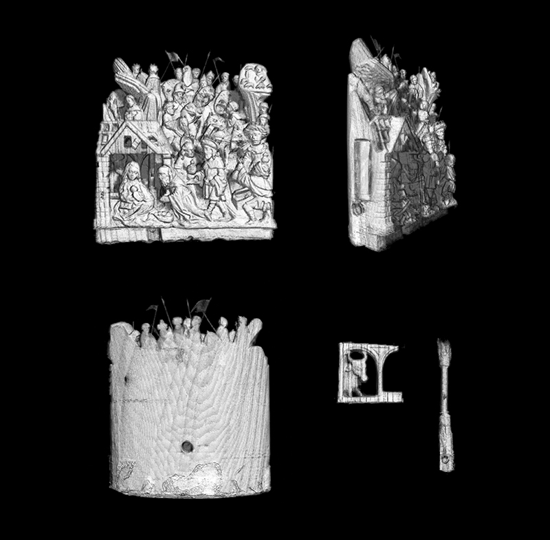 Detail of miniature altarpiece (triptych) AGO 34208. Micro CT scanning and Advanced 3D Analysis Software show that the central carving is largely made from a single piece of boxwood: the only additions are an ox that slides into place behind the Virgin in a rectangular opening. A column, with a tiny lamp, has been added through a drilled hole in the bottom