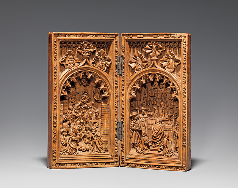 This diptych, MMA 17.190.476, uses two deeply carved planks of boxwood, joined with hinges, to show the Nativity and Mass of St. Gregory. The two sides close like a book to protect the interior