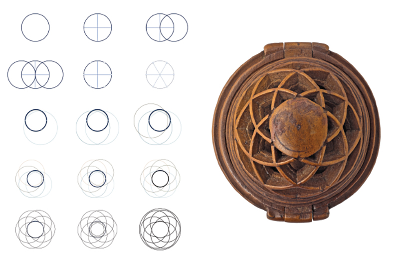 Graphic representation of the first tracery style as seen at right in prayer bead AGO 29362. The dome’s central disc is divided into six parts; six circles are placed over the disc, linking odd and even numbered nodes; the central disc is enlargened to truncate design of overlaid circles