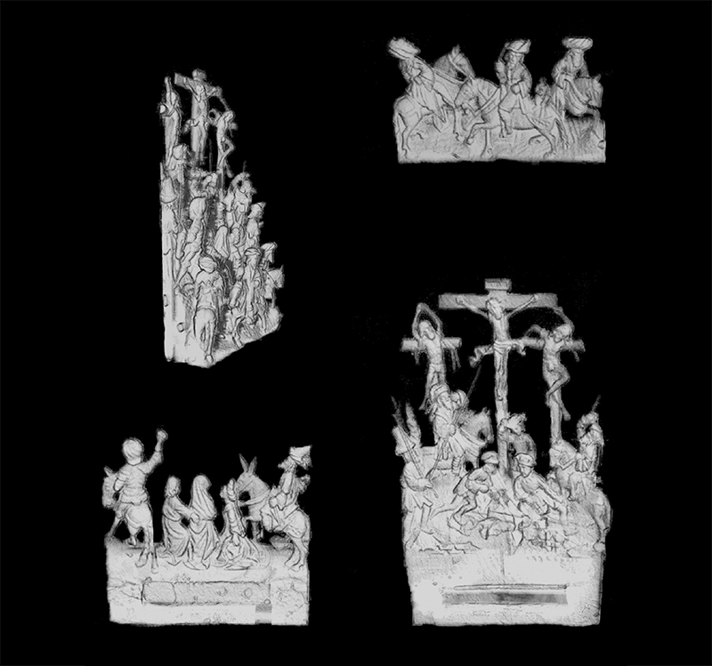 Miniature altarpiece (triptych) MMA 17.190.453. Micro CT scanning and Advanced 3D Analysis Software show that the interior is made of three elements. The mortice and tenon system joining the plaques is visible in the bases of the central and posterior layers