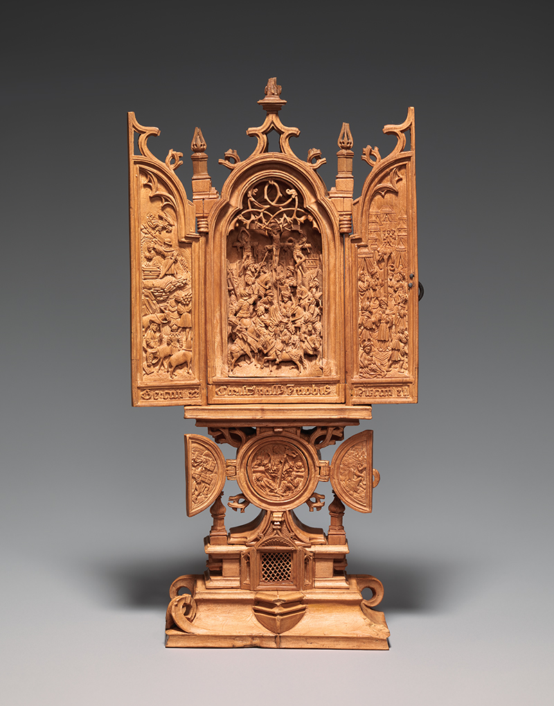 Miniature altarpiece (triptych) MMA 17.190.453. The exuberant forms of the architecture supporting the triptych resonate with the energetic depiction of the Crucifixion in the interior relief