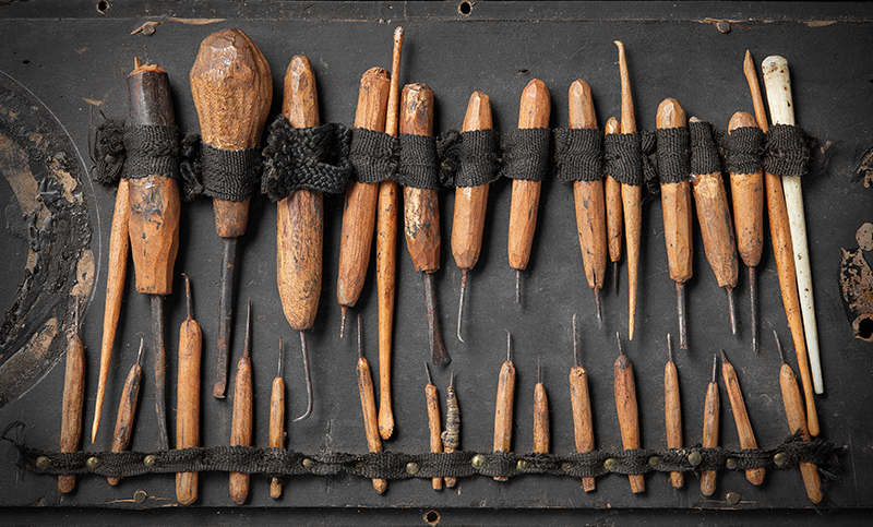 Tools of Ottaviano Jannella (AGO 29339),  c. 1654–1660. Detail  showing tools Jannella  made and used to carve  his microsculptures