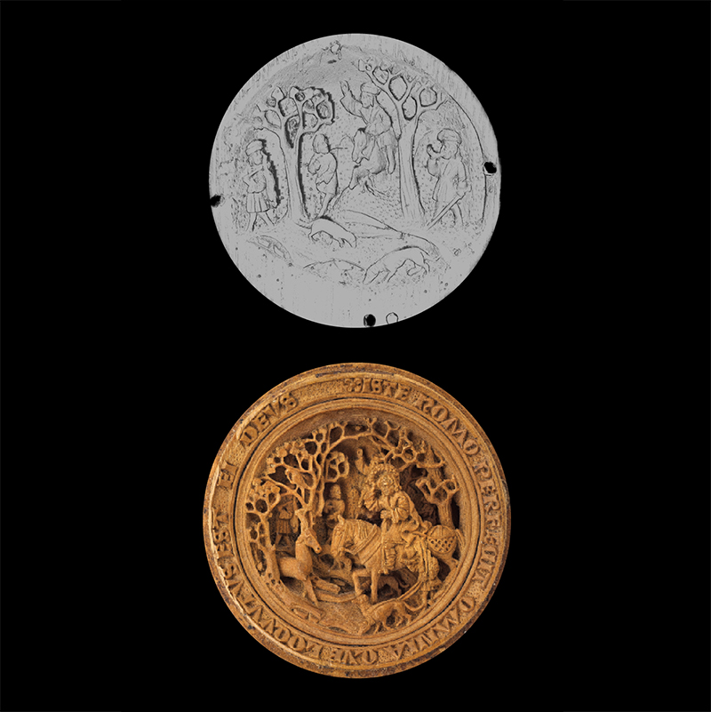 Prayer bead AGO 29359. The grey disc on the top right, rendered using Micro CT scanning and Advanced 3D Analysis Software, reveals the deeper hunting scene which was designed to be glimpsed through openings in the anterior carving of the Vision of St. Hubert
